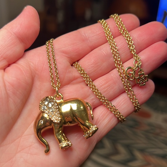 Vintage Ann Taylor Long Necklace Gold Elephant Rhinestone Pendant - Picture 1 of 5